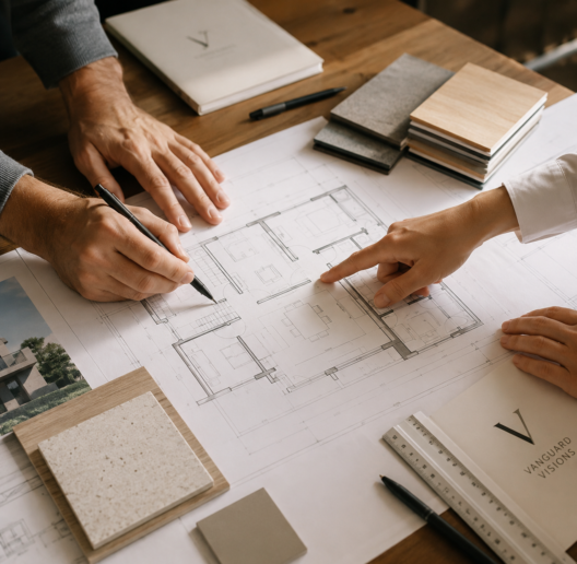 Equipo de Vanguard Visions, promotora inmobiliaria en el Vallés, revisando los planos de una vivienda de obra nueva